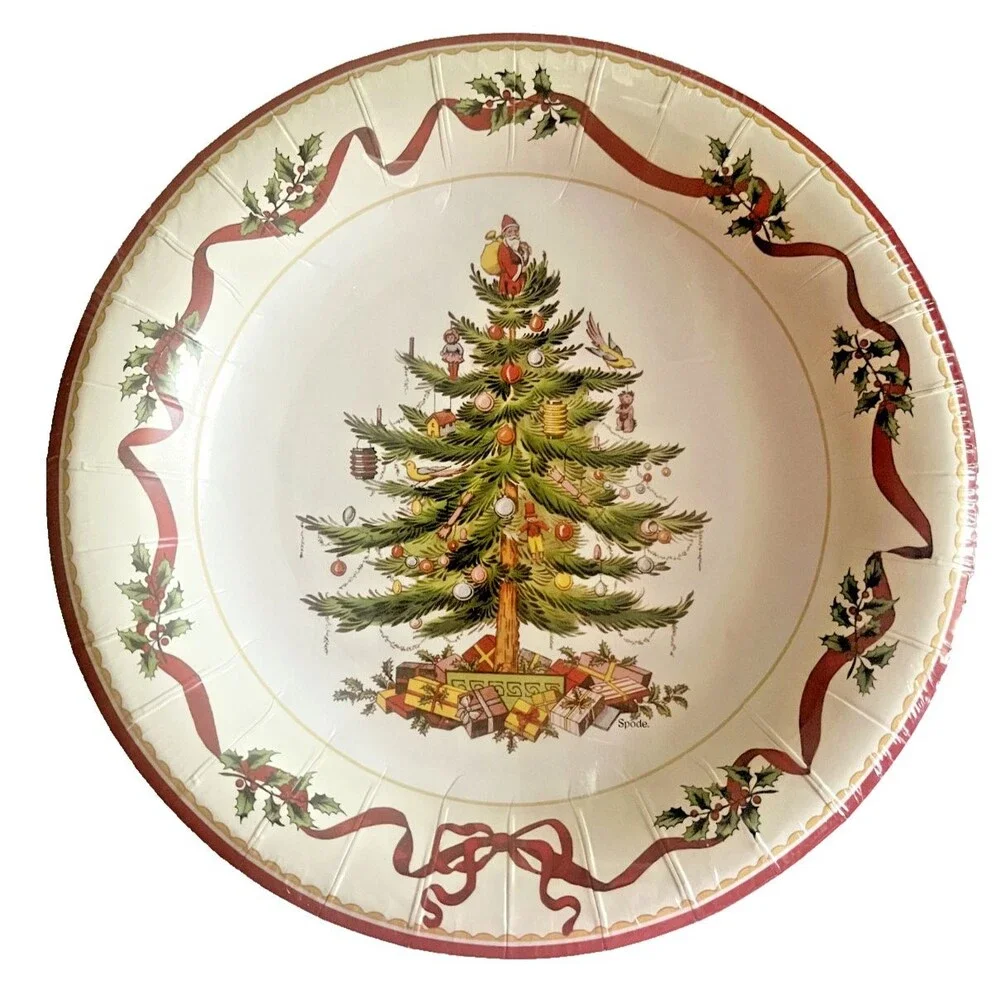 Spode Christmas Tree Holly & Ribbon 16 Dinner & 16 Dessert Coated Paper Plates